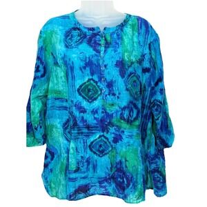 CHICO'S Blue Green Ikat Silk Blend Boho Blouse Size XL/3 Button Top Vibrant